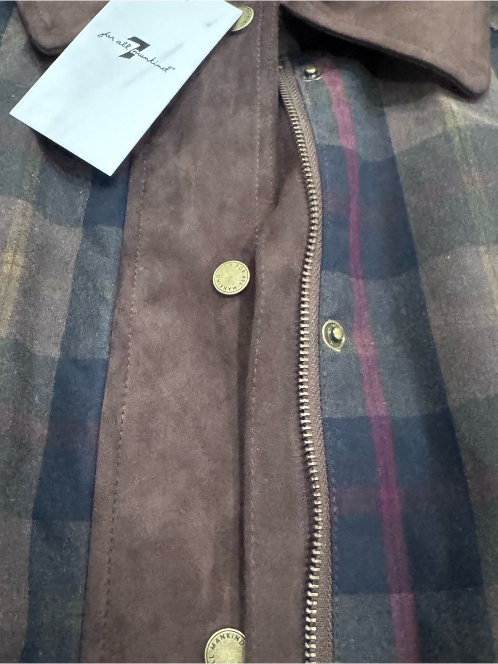 7 For All Mankind Navy and Brown Plaid Utility Jacket with Suede Trim - Picture 10 of 11